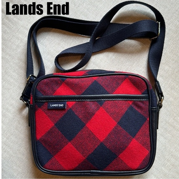 Lands End Crossbody-Red/Navy Plaid Flannel Exterior-Navy Trim-Cloth Strap- - Picture 1 of 16
